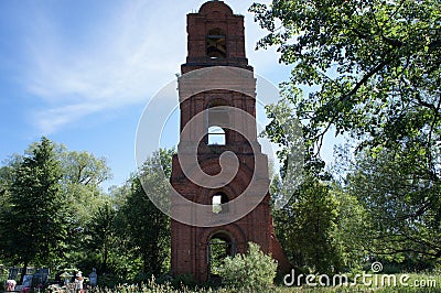 The dilapidated building of the bell tower near the village of Medvedykha Tver region Stock Photo