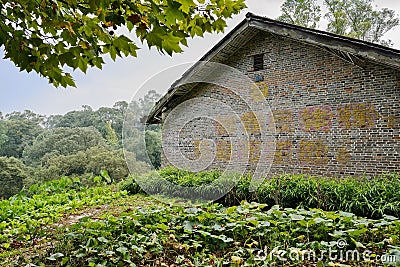 Dilapidated forsaken 1960s` brick building on hill Editorial Stock Photo
