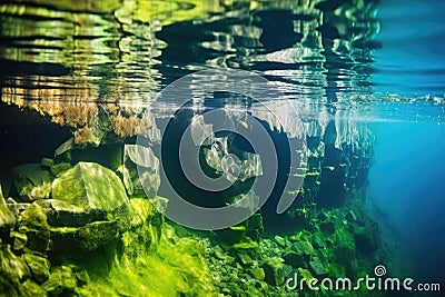 dilapidated wall submerged under crystal-clear lake Stock Photo