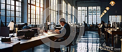 Diligent coder, programmer, office worker employee in a huge office workplace, room with large windows. Stock Photo