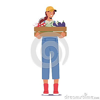 Diligent Farmer Female Character Proudly Holding A Wooden Crate Brimming With The Seasonal Bounty, Vector Vector Illustration