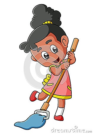 The diligent girl is mopping the floor with the happy expression Vector Illustration