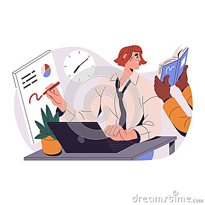 Diligent office worker tries to retain attention, concentration on many tasks. Busy employee works in multitasking. Time Vector Illustration