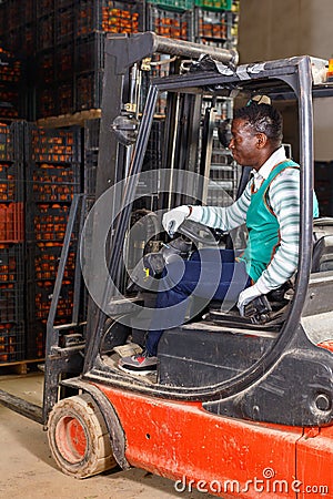 Confident African-American male forklift driver working in citrus fruit warehouse Stock Photo