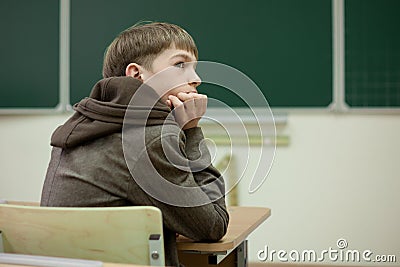 Diligent student sitting at desk, classroom Stock Photo