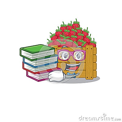 A diligent student in strawberry fruit box mascot design with book Vector Illustration