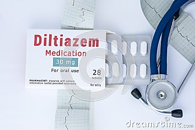 Diltiazem medication concept photo. On doctor table is package of cardiac drug with pills and generic name `Diltiazem medication` Editorial Stock Photo