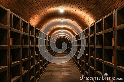 Dim cellar ambiance rows of shelves fade into darkness Stock Photo