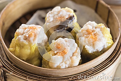 Dim sum in bamboo steam containers Stock Photo