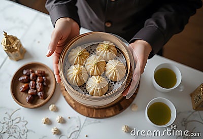 Dim Sum and Dates Served in a Bamboo Steamer Basket. Generative AI Stock Photo