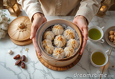 Dim Sum and Dates Served in a Bamboo Steamer Basket. Generative AI Stock Photo