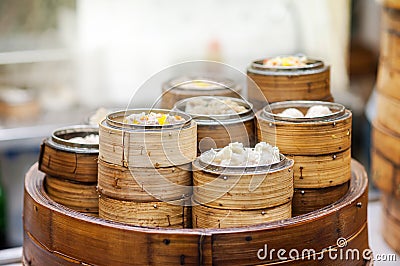 Dim sum steamers at a Chinese restaurant, Hong Kong Stock Photo