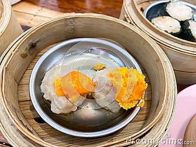 Dim sum, top view and text input area, dim sum (Chinese food) in steamed bamboo. Stock Photo