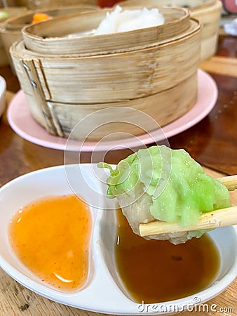 Dim sum, top view and text input area, dim sum (Chinese food) in steamed bamboo. Stock Photo