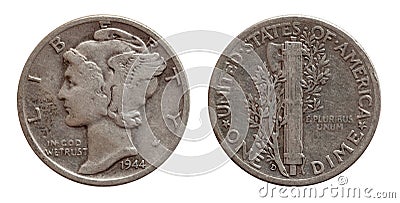 Dime ten cents US coin silver both sides isolated on white Stock Photo