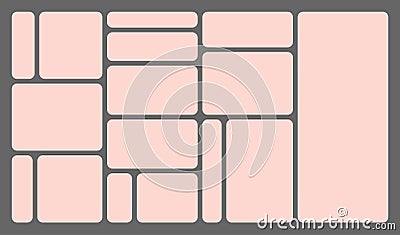 Dimensions 16x9 trendy bento grid layout style brick Ui UX templates. Web comic grids, rounded corners. Different panel Vector Illustration