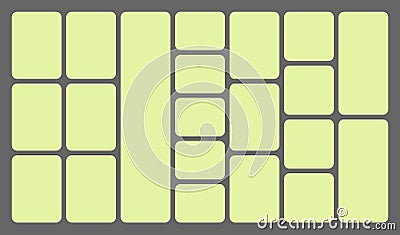 Dimensions 16x9 trendy bento grid layout style brick Ui UX templates. Web comic grids, rounded corners. Different panel Vector Illustration