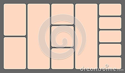 Dimensions 16x9 trendy bento grid layout style brick Ui UX templates. Web comic grids, rounded corners. Different panel Vector Illustration