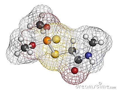 Dimethoate insecticide molecule. 3D rendering. Atoms are represented as spheres with conventional color coding: hydrogen white,. Stock Photo