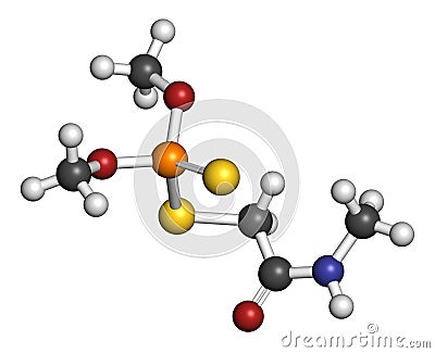 Dimethoate insecticide molecule. 3D rendering. Atoms are represented as spheres with conventional color coding: hydrogen white,. Stock Photo