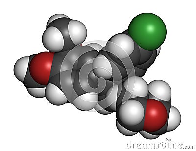 Dimethomorph fungicide molecule. 3D rendering. Atoms are represented as spheres with conventional color coding: hydrogen (white), Stock Photo