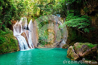 Dimiao Twin waterfalls in a mountain gorge in the tropical jungle of the Philippines, Bohol Stock Photo