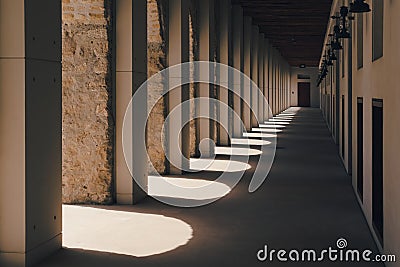 Diminishing perspective view of fortress passageway with arches columns and row of antique lanterns on the wall. Stock Photo