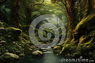 diminutive forest with river winding through it Stock Photo