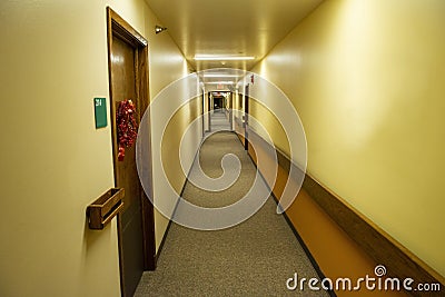 Dimly Lit Apartment Hallway, Nursing Home Stock Photo