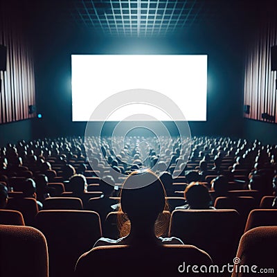 Dark cinema with audience waiting in anticipation, with black white screen Stock Photo