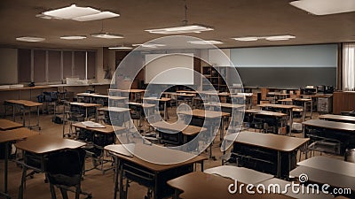 A dimly lit classroom with rows of empty desks and chairs facing a whiteboard, under overhead lights creating a tranqui Cartoon Illustration