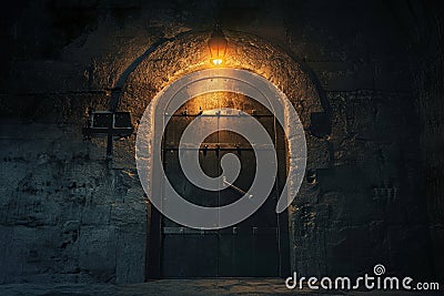 A dimly-lit doorway leads towards a distant bright light in an otherwise dark space, Sealed crypt doors with ghostly light seeping Stock Photo