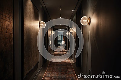 a dimly lit hallway with creative lighting, featuring a mix of warm and cool tones Stock Photo