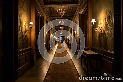 A dimly lit hallway with ornate doors, reminiscent of the iconic mansion. Generative AI Stock Photo