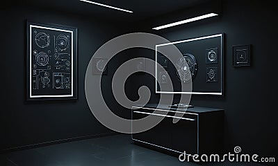 dimly lit room with black desk, large screen displaying circular pattern, and two framed diagrams on the wall. Stock Photo