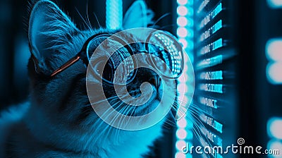 In a dimly lit room, a hacker works while a bespectacled cat uses a computer, highlighting themes of espionage, cyber Stock Photo