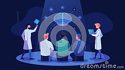 In a dimly lit room a team of neuroscientists huddle around a holographic projection of a brain using data mapping to Vector Illustration