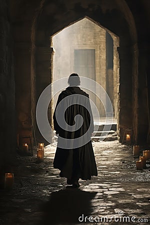 lone silhouette of a mysterious monk man in a medieval city alley. monk, witch, mage, wizard. Stock Photo