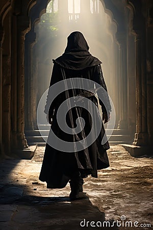 mysterious medieval archer. hooded cloaked mage. Stock Photo