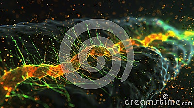 Dimly lit view of reuptake occurring along axons sending signals from one neuron to another Stock Photo