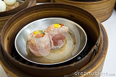 Dimsum in bamboo container closed up Stock Photo