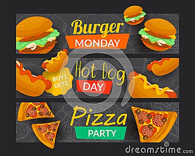 Diner banner set, burger day, hot dog, pizza party Vector Illustration