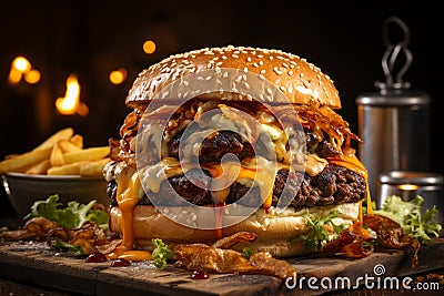 Diner nostalgia classic beef burger with melted cheese and fries Stock Photo