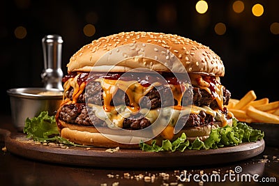 Diner nostalgia classic beef burger with melted cheese and fries Stock Photo