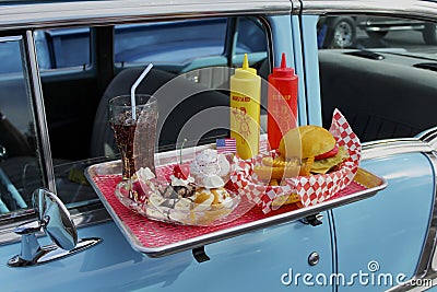Diner tray on old car Stock Photo