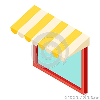 Diner window icon isometric vector. Large square window with striped canopy icon Vector Illustration