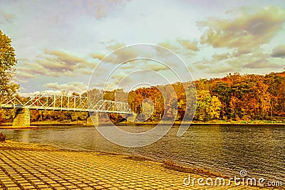 Dingmans Ferry Bridge across the Delaware River in the Poconos Mountains, connecting the states of Pennsylvania and New Jersey, US Stock Photo