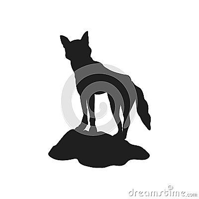Dingo on rock black silhouette. Isolated australian dog. Young wolf on hill. Wildlife scenery. Wild fox portrait Vector Illustration