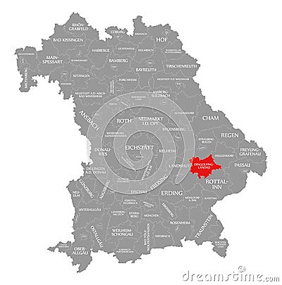 Dingolfing-Landau county red highlighted in map of Bavaria Germany Cartoon Illustration