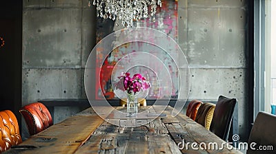 The dining area boasts a reclaimed wood table with a mix of modern and vintage chairs creating a unique and eclectic Stock Photo